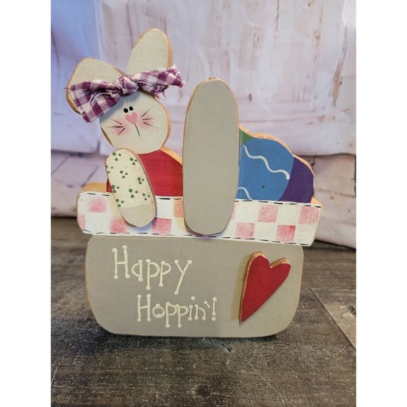 Wooden Easter Decor happy hop in Easter Bunny basket egg heart - Picture 3 of 5
